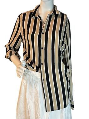H&M Black, Tan & White Vertical Stripe Button-Down Shirt